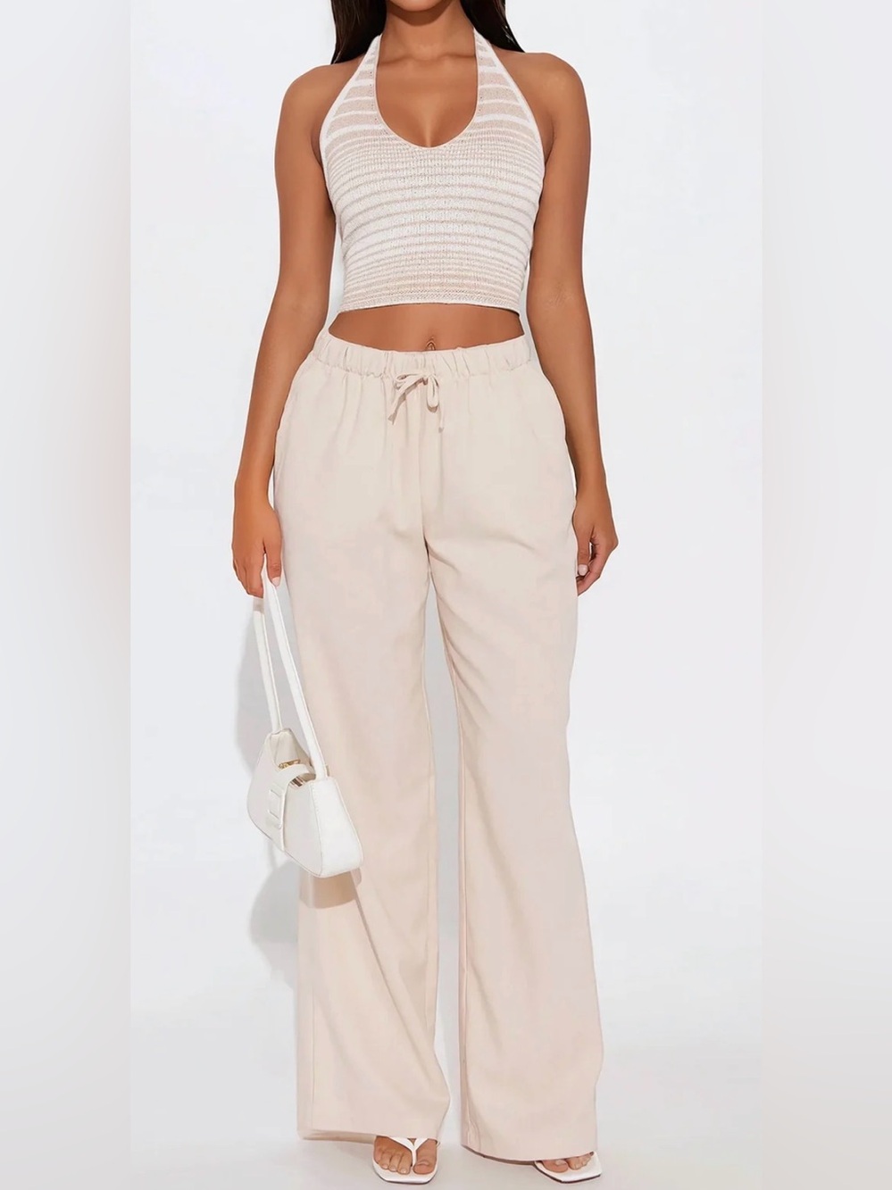 Women's Cream Drawstring Wide-Leg Pants